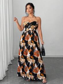 Elenzga Plus Size Women's Summer Vacation Elegant Romantic Digital Print Bandeau Ruched A-Line Long Dress