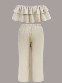 2pcs/Set Plus Size Women Cold Shoulder Blouse And Wide-Leg Pants Set - Beige - View 2