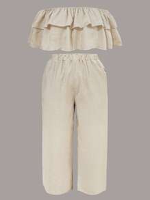 2pcs/Set Plus Size Women Cold Shoulder Blouse And Wide-Leg Pants Set - Beige - View 3