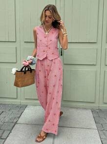 SHEIN Frenchy Women 2pcs Set Sleeveless Striped Bowknot Button Front Shirt And Pants, Casual Summer Outfit Christmas New Year Red Red - Red - View 3