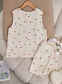 SHEIN 大码女式心形印花圆领无袖上衣和裙子两件套 - 杏色 - 查看 2