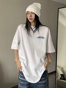 Strévra 女式宽松后背印花落肩T恤、图案T恤、返校服 - 白色 - 查看 5