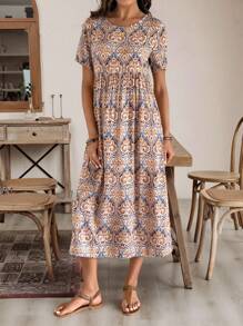 EMERY ROSE 女士休闲超长沙滩裙，全身印花 - 卡其色 - 查看 5