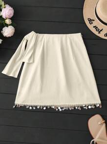 Franclia 女士海滩/度假贝壳流苏拼布系带不对称裹身裙，夏季 - 杏色 - 查看 2