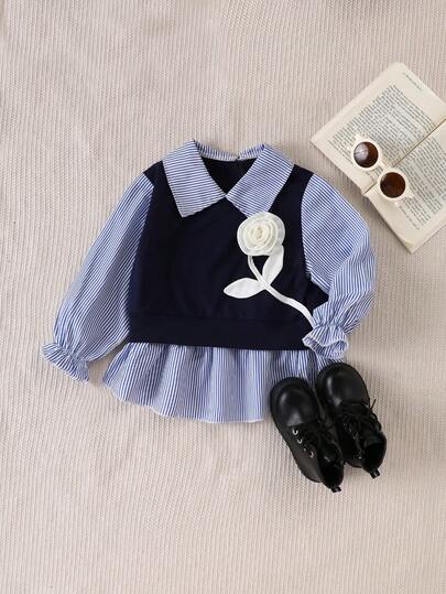 Young Girls Striped Collar Blouse, Sweet Princess Style Blue & White Striped Long Sleeve Patchwork With 3D Flower Ruffle Hem, Soft & Lightweight, Spring/Autumn, Back To School, All Season