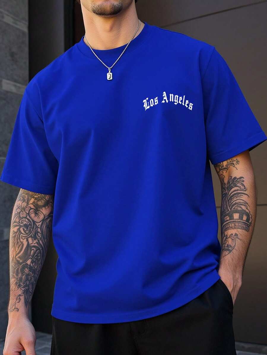 Manfinity Homme Men Letter Graphic Casual Short Sleeve Tee, Boyfriend Gift - Blue - View 1