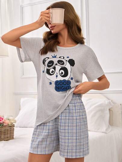 EURMUSE Cottonline 2Pcs Panda Printed Short Sleeve Shirt And Plaid Printed Shorts PJ Set Cute Pajama Set For Women Cute Pjs For Women Panda Pajamas Cartoon Pajamas Women Womens Sleepwear Set