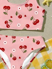 Cherry Girl 迷你樱桃印花可爱少女休闲吊带背心和三角比基尼泳装套装，适合夏季、度假、海滩周末、可爱夏季服装、夏季儿童用品、蝴蝶、韩式、海滩模式、夏季出游用品