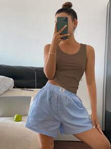 DAZY 纯色罗纹针织背心和条纹休闲短裤休闲套装、家居服、睡衣 - 棕色 - 查看 4