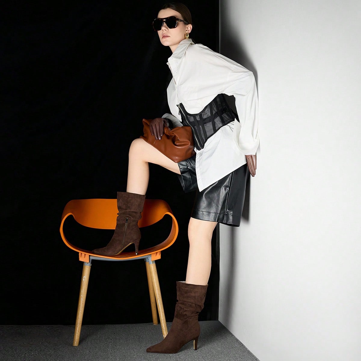 Botas de tobillo con tacón alto, puntera afilada y pliegues, color café, botas de tobillo de moda para mujer para Navidad y primavera