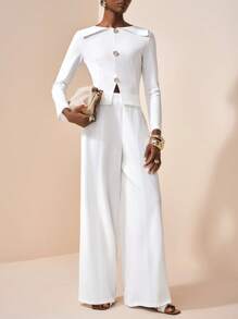 Zivah 2025 früher Herbst neue lässige elegante Outfit für tägliche Verabredungen, Partys und Bankette: Rundhals-Oberteil + Revers mit Metall-Knopf-Dekoration, vorne mittig geschlitzt, langärmlig + gerade geschnittene, ultraweite Hose, Damen Zweiteiler - Variante A - Weiss - Übersicht 2