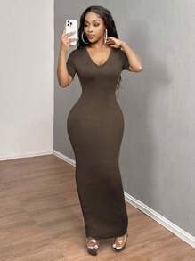 SHEIN SXY 女士纯色 V 领紧身短袖连衣裙 Hoco Dresses - 咖啡 - 查看 3