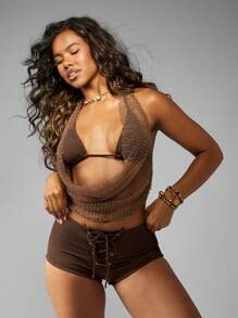 MISSGUIDED 三角挂脖比基尼套装纹理针织沙滩泳装，带露臀，度假村泳池夏季度假 - 咖啡棕 - 查看 4