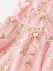 SHEIN Leap Crew Tween Girl Elegant Floral Embroidery Splicing Mesh Cami Midi Dress - Baby Pink - View 4