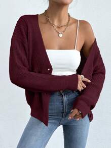 EURMUSE Women Solid Color Long Sleeve Single-Breasted Casual Loose Cardigan,Petite Cardigans,Cardigans - Burgundy - View 4