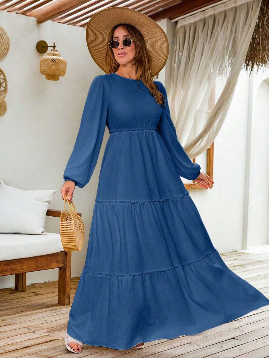LANTERN LONG SLEEVE LAYERED LONG DRESS - Navy Blue - View 1