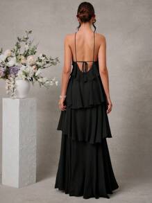 L'Amorae 优雅浪漫婚礼宾客纯色露背分层雪纺长裙