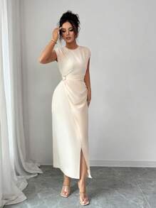 Rafferiza Váy dài đến bắp chân xếp ly kiểu Pháp thanh lịch dành cho nữ, mùa hè - Màu be - Xem 4