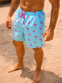 Surfspeed Men's Flamingo Print Drawstring Waist Beach Shorts - Multicolor - View 4