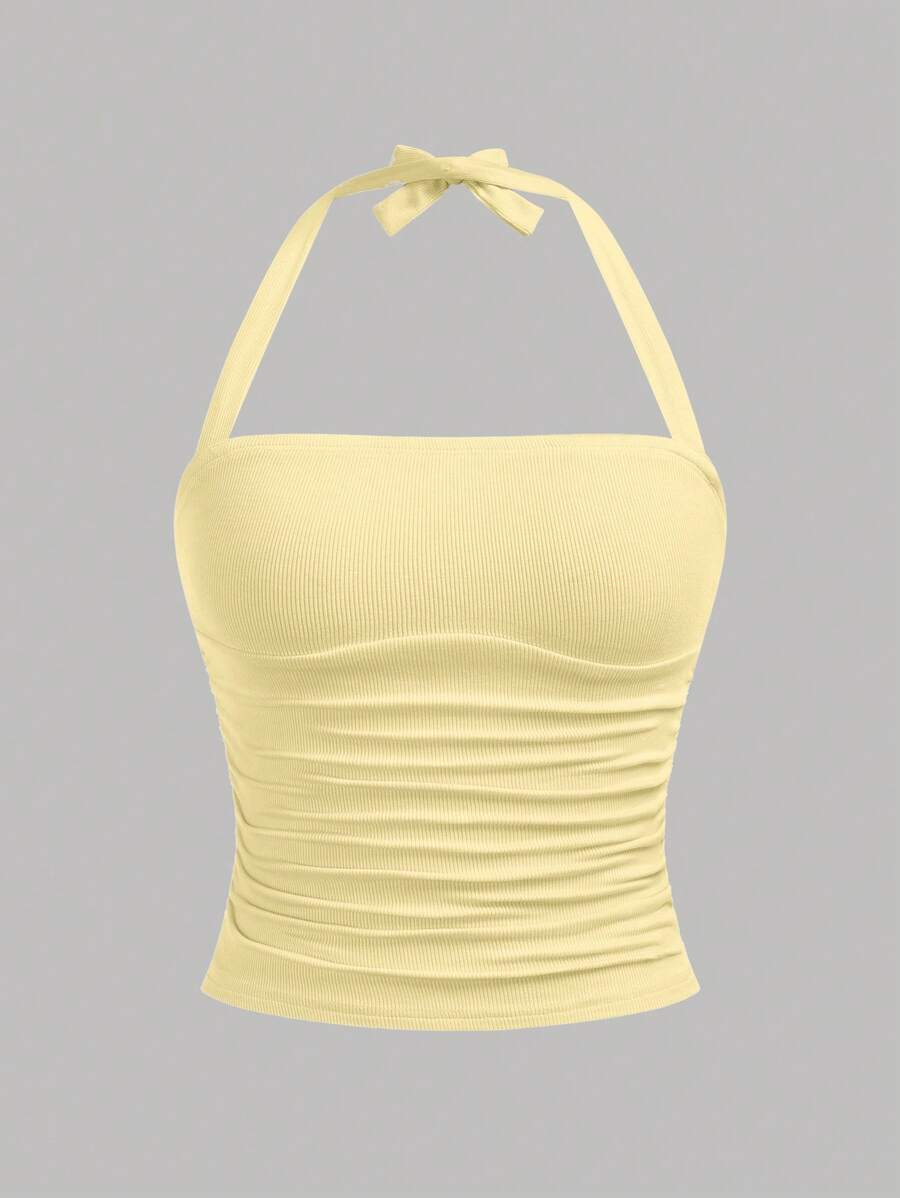 Girlism Teen Girls' Spring & Summer Casual, , All-Match, Daily, Versatile, Teenager Vacation Tube Gathered Elastic Bowknot Fitted Camisole Top Halter Top Yellow Top Bow Top Tie Back Top Ribbed Halter Top - Yellow - View 1
