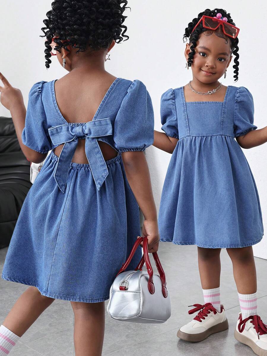 Young Girl Blue Denim Short Dress With Puffed Sleeves And A Square Neck, Spring And Summer Casual Vacation Country Boho Wear Fall Winter - Medium Wash - View 1