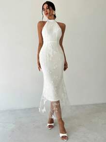 Firerie 女士优雅浪漫精致约会派对节日舞会礼服，蝴蝶 3D 网眼无袖露背白色长裙，毕业礼服 - 白色 - 查看 5