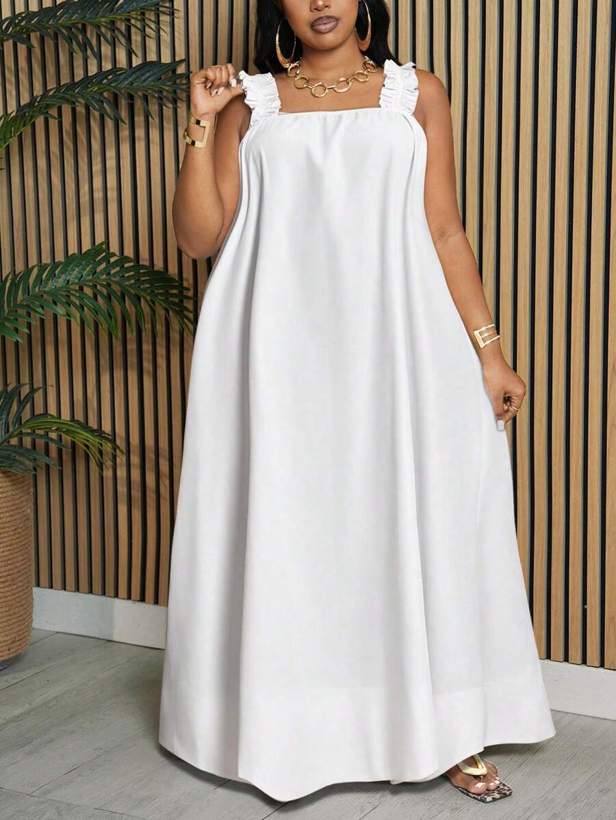 Slaydiva Nuevo Llegado Primavera/Verano 2025, Vestido blanco holgado sin mangas con tirantes anchos y línea A, ideal para vacaciones y casual, tallas grandes