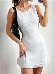 Women's Sleeveless Sequin Decor Pleated Hem Elegant Dress, Summer - White - View 8