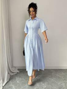 Elenzga Single Breasted Design Striped Dress With Flare Skirt - Blue and White - View 4