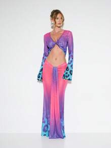 KIZN Saída de praia de manga comprida com decote em V, top curto com frente torcida e mangas sino, estampa animal, roupa de praia para resort, saída de piscina para férias - Multicolorido - Ver 4