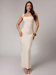 Women's Elegant Simple Solid Color Square Neck Pleated Slim Long Dress, Summer - Apricot - View 3