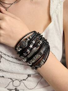 ROMWE Grunge Punk 5 件套复古嬉皮风格五角星串珠翼 PU 皮革手链，适合女士日常佩戴和节日 - 黑色 - 查看 4