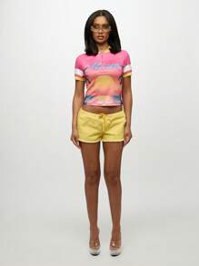 SUMWON WOMEN 迈阿密海滩半拉链赛车风格短款上衣数码印花日落场景海景夏季休闲复古棕榈树度假俱乐部海岸节日半袖