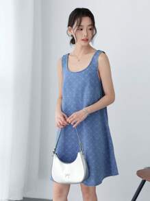 K-Vae Women's Casual Loose Denim Mini Dress, Sleeveless, Blue