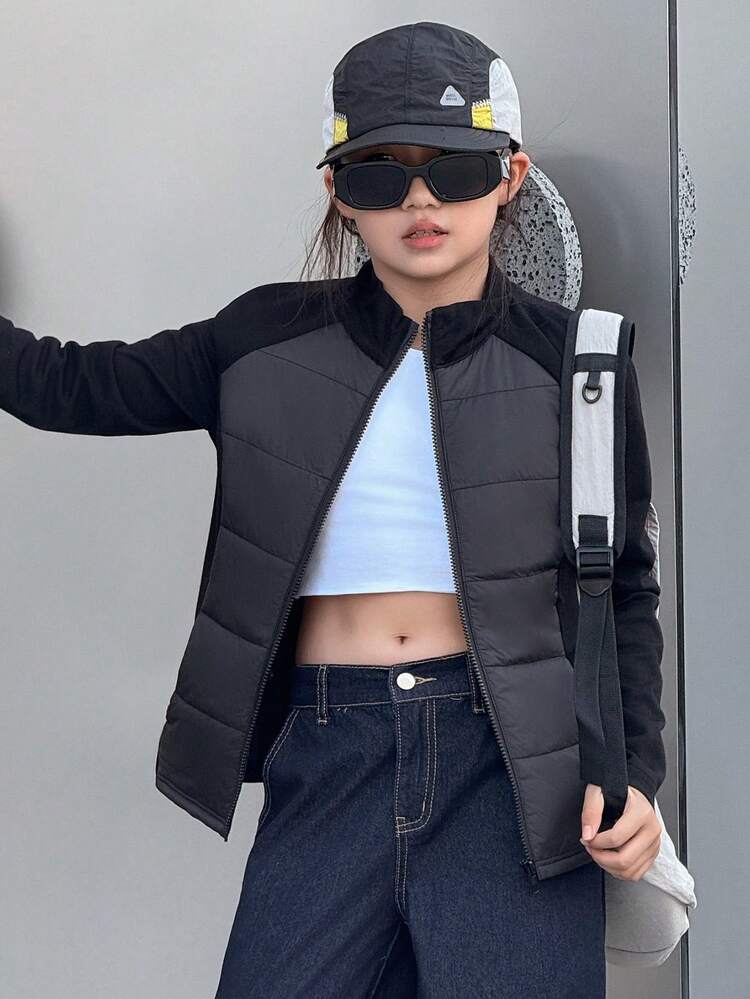 Tween Girls Fitted Casual Solid Color Patchwork Padded Coat, Winter