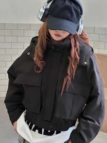 DAZY Teens (Girls) Hooded Casual Loose Winter Korean Style Solid Color Long Sleeve Padded Coat - Black - View 5