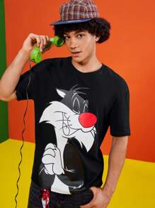 LOONEY TUNES X SHEIN Men's Summer Cartoon Pattern Round Neck Short Sleeve T-Shirt, Graphic Tee - Black - View 5