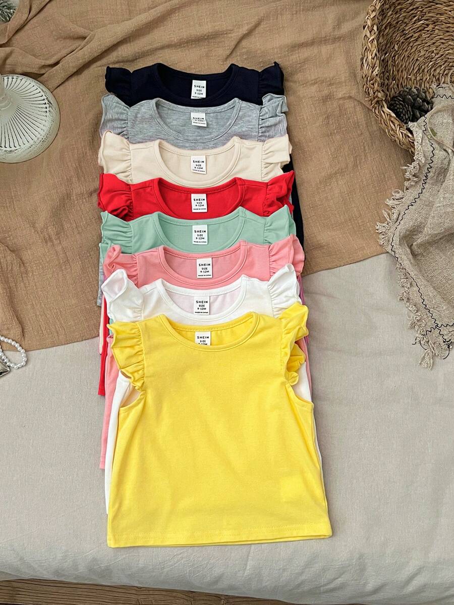 SHEIN Leap Crew 8pcs/Set Baby Girl Cute Short Cap Sleeve Solid Knit Tops, Summer - Multicolor - View 1