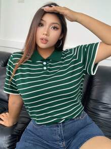 Dazy Plus Top de punto de manga corta con cuello de polo a rayas, suelto, para verano