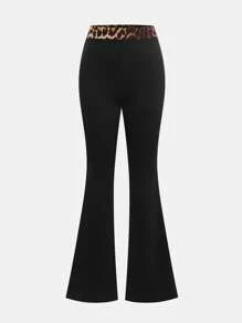 SHEIN Girlism Pantaloni a zampa di ragazza adolescente a vita bassa, in stile casual da strada, con stampa nera solida, con inserti in stampa leopardata, adatti per l'estate, moda da strada, sport, ritorno a scuola, abiti casual