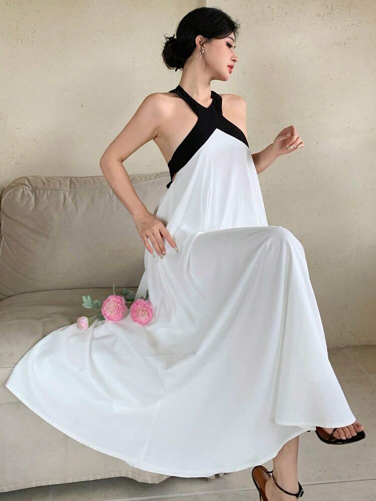 Women's Sleeveless Color Block Casual Loose Mid-Calf Dress