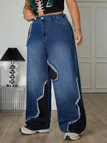 SHEIN EZwear 大码休闲水洗拼色磨边牛仔裤 - 藍色 - 查看 5