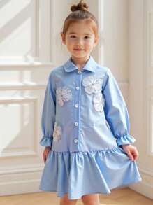 Robe chemise à volants avec imprimé floral pour jeune fille