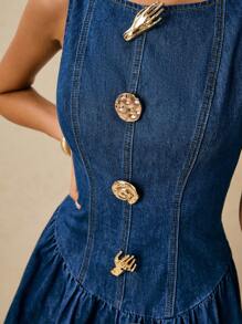 Poéselle Abito in denim alla moda con scollo rotondo e maniche arricciate, decorato in metallo, da donna - Blu lavato medio - Visualizzare 9