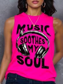 SHEIN LUNE Top sin mangas con logo de auriculares impreso, informal para tallas grandes, para el verano - Rosa Fucsia - Ver 1