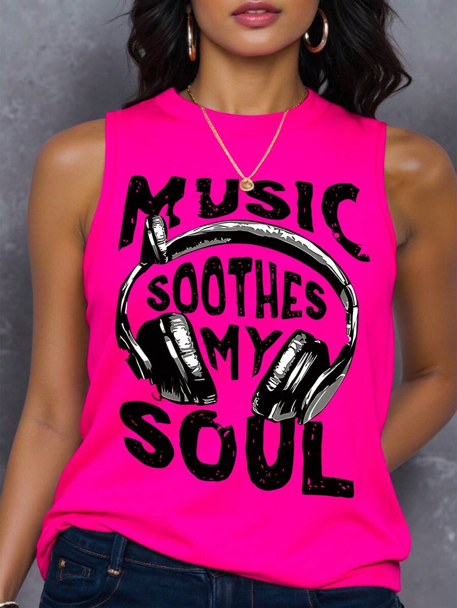 SHEIN LUNE Top sin mangas con logo de auriculares impreso, informal para tallas grandes, para el verano - Rosa Fucsia - Ver 1