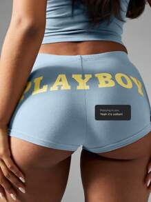 Missguided x Playboy Shorts Justos de Cintura Alta Loungewear Streetwear Festival Praia de Verão - Azul - Visão 9