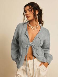 Freevana Áo len cardigan màu xám trơn dáng rộng, thanh lịch, giản dị, tinh tế, cỡ lớn, dây đeo nơ, rộng rãi, thả vai, công sở, váy dự tiệc cưới mùa thu, - Xám - Xem 4