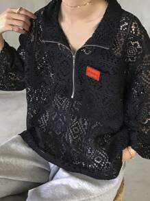 FRIFUL Áo ren nửa miếng in chữ rộng rãi cho nữ - màu đen - Xem 6