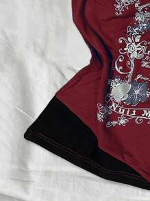 Top de cuello de halter con bloqueo de color y estampado de eslogan de moda de verano - Burdeos - Ver 6